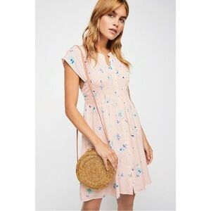 Free People Greatest Day Smocked Light Pink Floral Mini Dress Prairie Boho